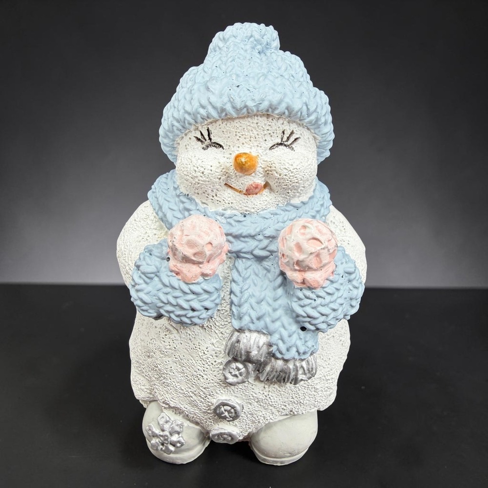 Encore Snow Buddies Snowman Figurine Blue Knit Hat Scarf Pink Mittens Winter
